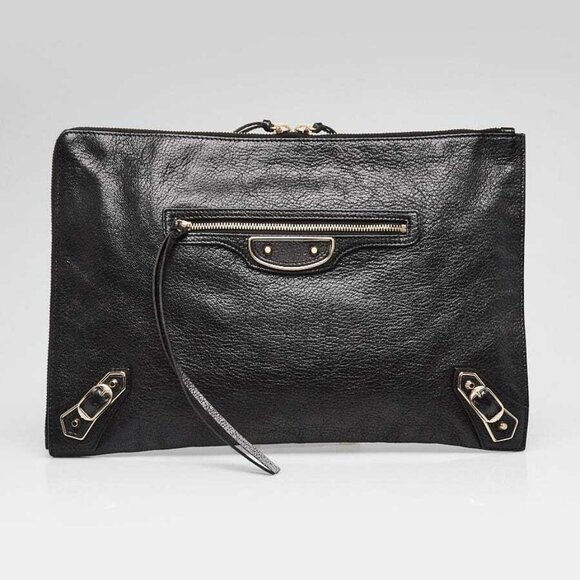 Balenciaga Black Grained Chevre Leather Metallic Edge Flat Clutch Bag - Picture 1 of 11